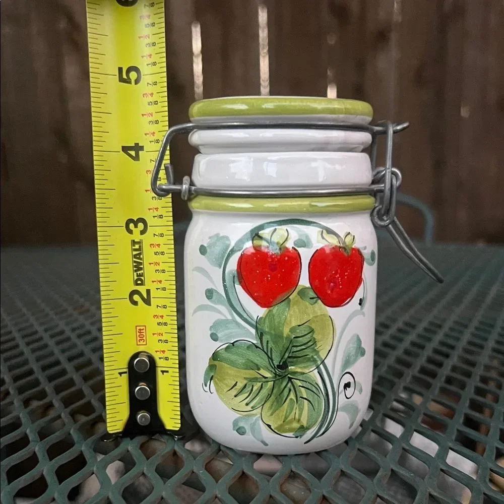 Vintage Italian Red and Green Strawberry Hinged Ceramic Jar Canister with Lid